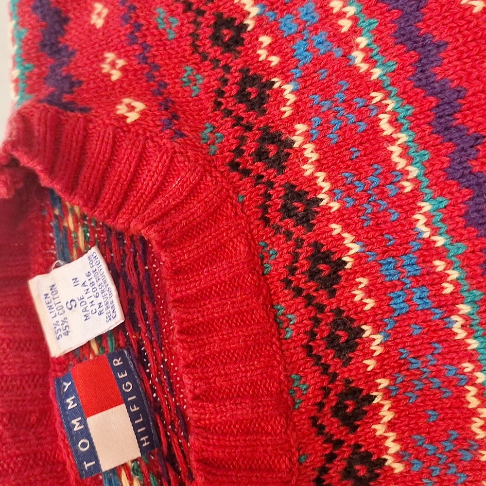 Vintage Tommy Hilfiger Sz Small Linen Cotton Blend Women's Red Patterned Sweater